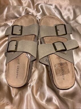 Madden Girl Taupe Double-Buckle Slide Sandals with Gold Buckles